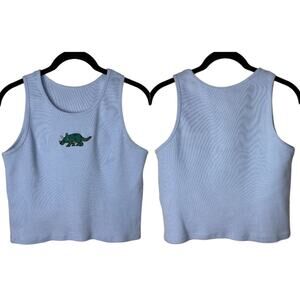 Ribbed Crop Tank Top Women's size Large Blue with dinosaur patch fitted